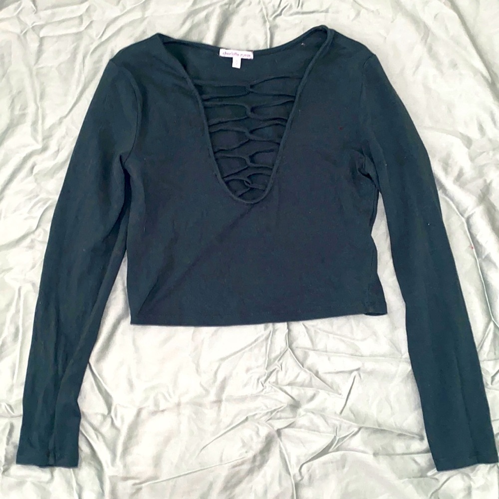 Green long sleeve criss cross crop top